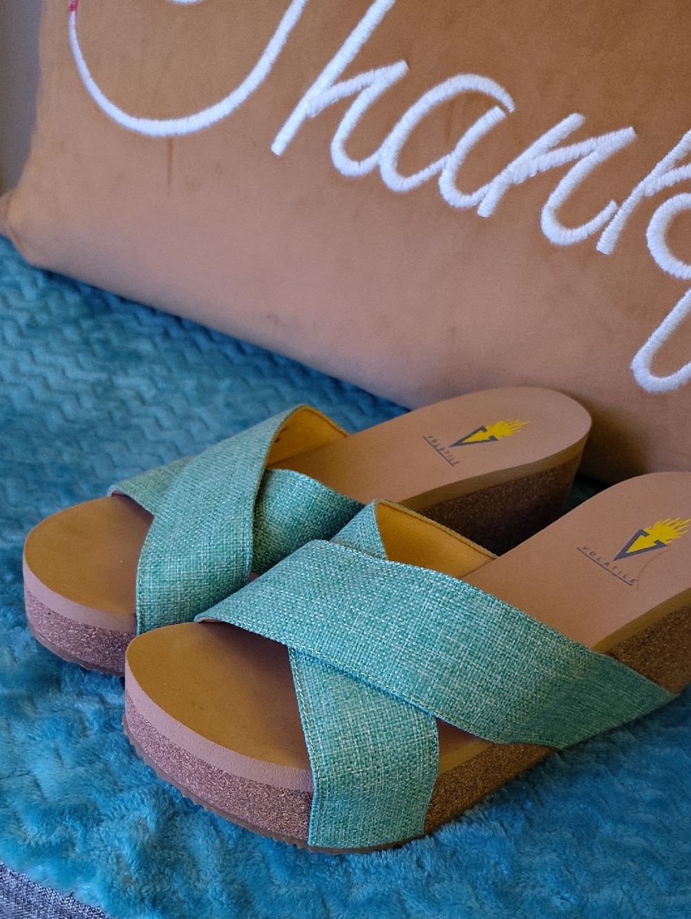 Volatile Teal Cross-Band Wedge Sandals